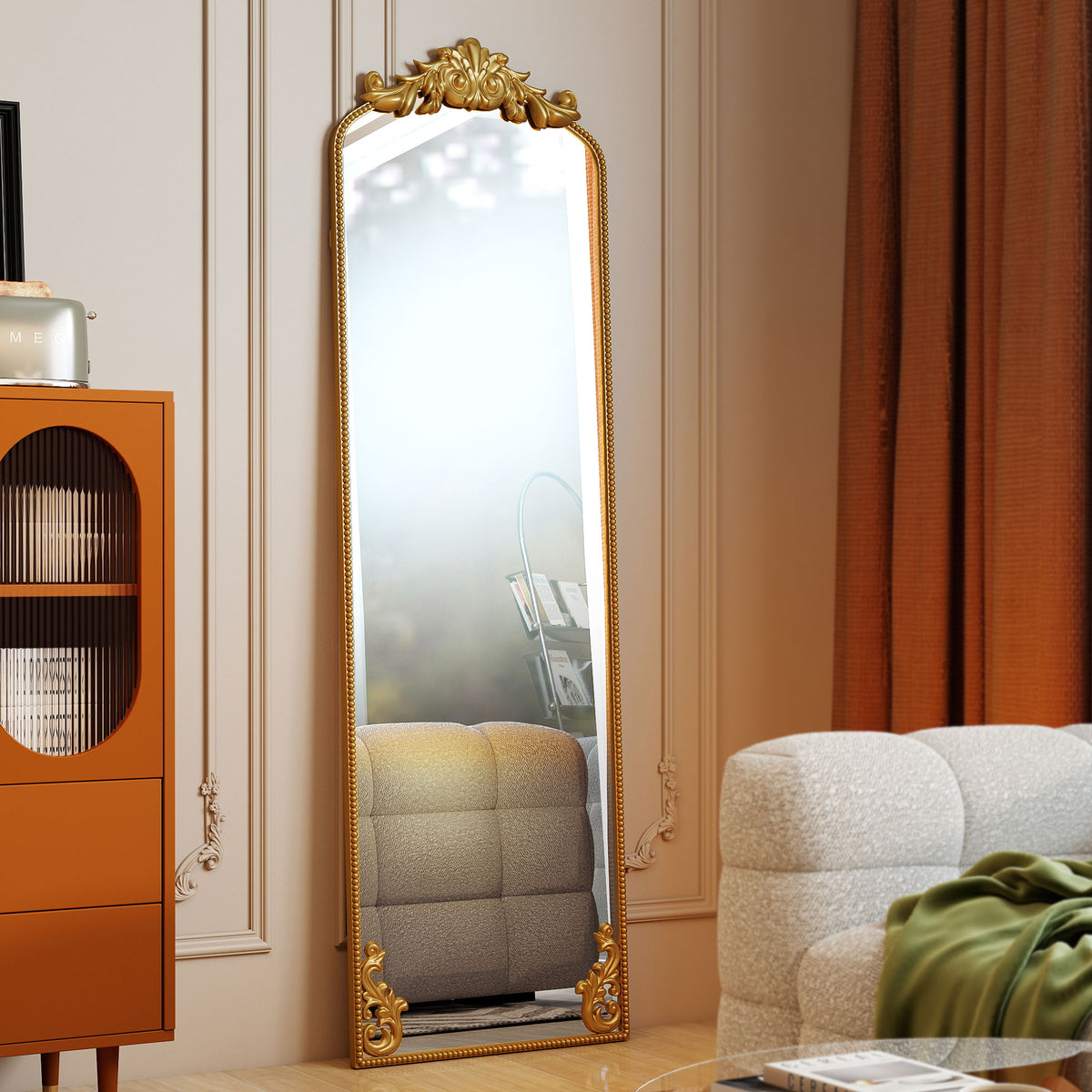 HOMCOM Full Length Mirror, 50 x 160 cm Floor Mirror with Baroque Metal Frame for Bedroom, Living Room, Dressing Room, Gold Tone 