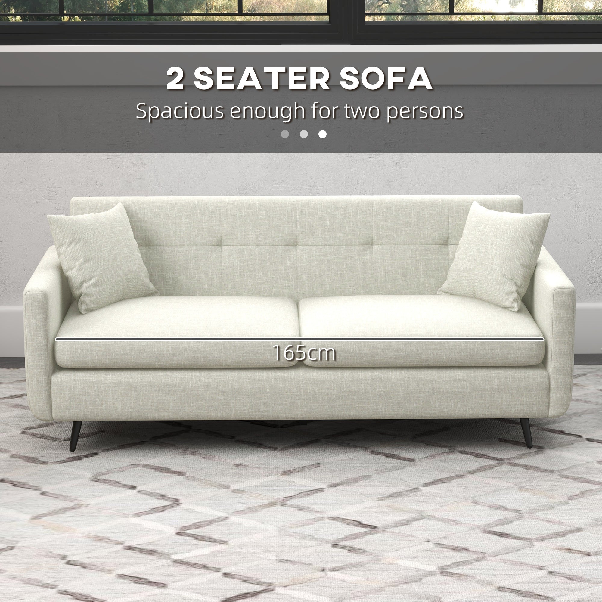 HOMCOM 165cm 3 Seater Sofa for Living Room, Modern Fabric Couch, Tufted Small Couch Sofa Settee with Steel Legs and 2 Storage Pockets for Bedroom and Home Office, Beige 