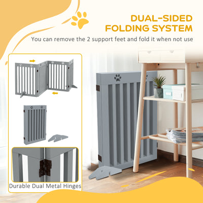 PawHut Wooden Pet Gate Foldable Freestanding Dog Safety Barrier w/ Support Feet, Grey 