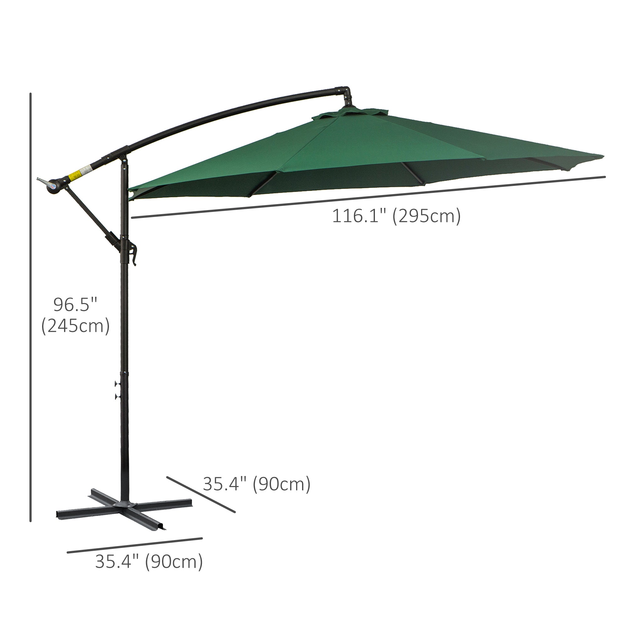 Outsunny 3(m) Banana Parasol Hanging Cantilever Umbrella with Crank Handle, 8 Ribs and Cross Base for Outdoor, Sun Shade, Dark Green 