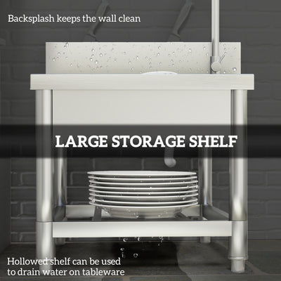 HOMCOM Outdoor Utility Sink, Stainless Steel Free Standing Single Bowl Kitchen Sink with Cold and Hot Water Pipe and Storage Shelf for Laundry Garage, 55 x 50 x 100 cm 