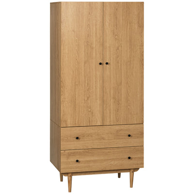 HOMCOM Wardrobe with 2 Doors, 2 Drawers, Hanging Rail for Bedroom Clothes Storage Organiser, 80x52x180cm, Natural Tone 