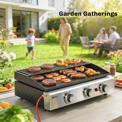 Outsunny 3 Burner Grill Griddle, Portable Gas Plancha with Warming Rack, 7.5 kW, Tabletop Gas BBQ with Grease Cup, Black 