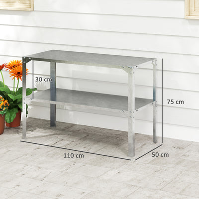Outsunny 2 Tier Potting Bench Table, Galvanised Steel Garden Planting Work Bench Workstation with Storage Shelf for Outdoor, Patio, Greenhouse, 110 x 50 x 75 cm, Silver Tone 