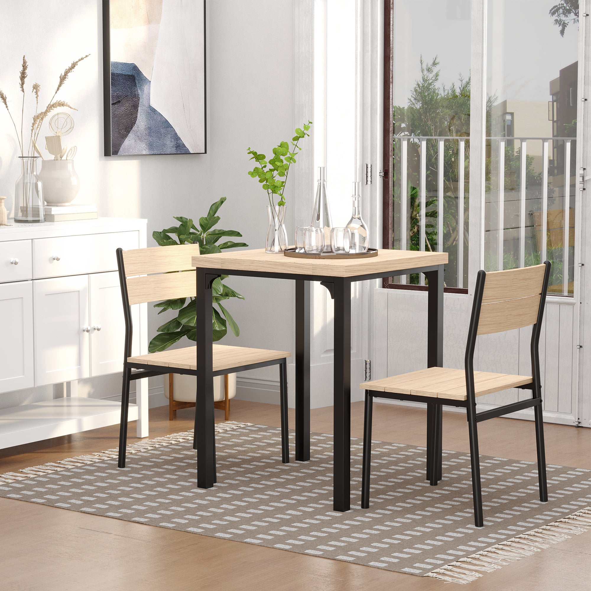 HOMCOM Three-Piece Minimal and Compact Dining Set, Light Wood Grain 