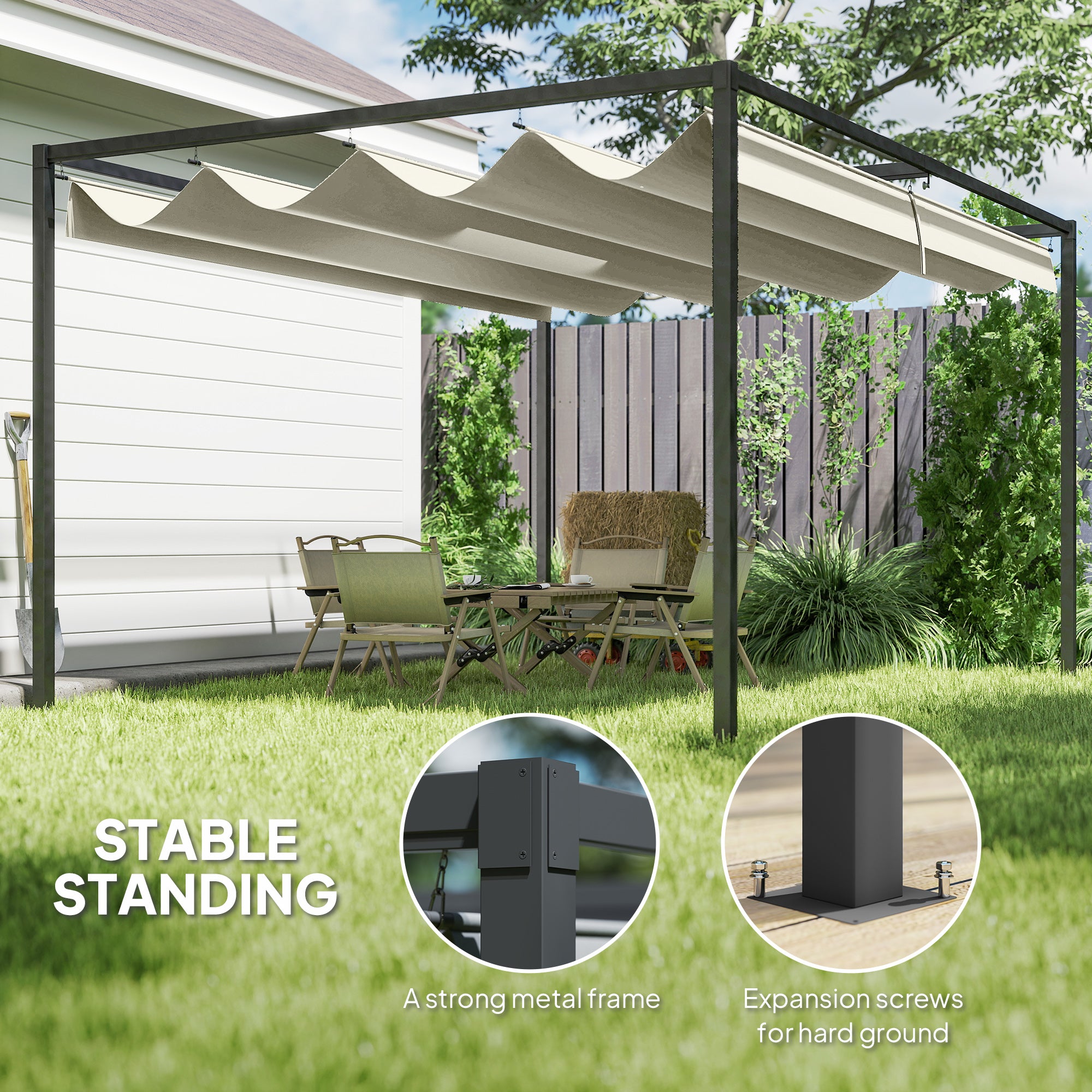 Outsunny 4 x 3(m) Metal Pergola with Retractable Roof, Garden Gazebo Canopy Shelter for Outdoor, Patio, Cream White 