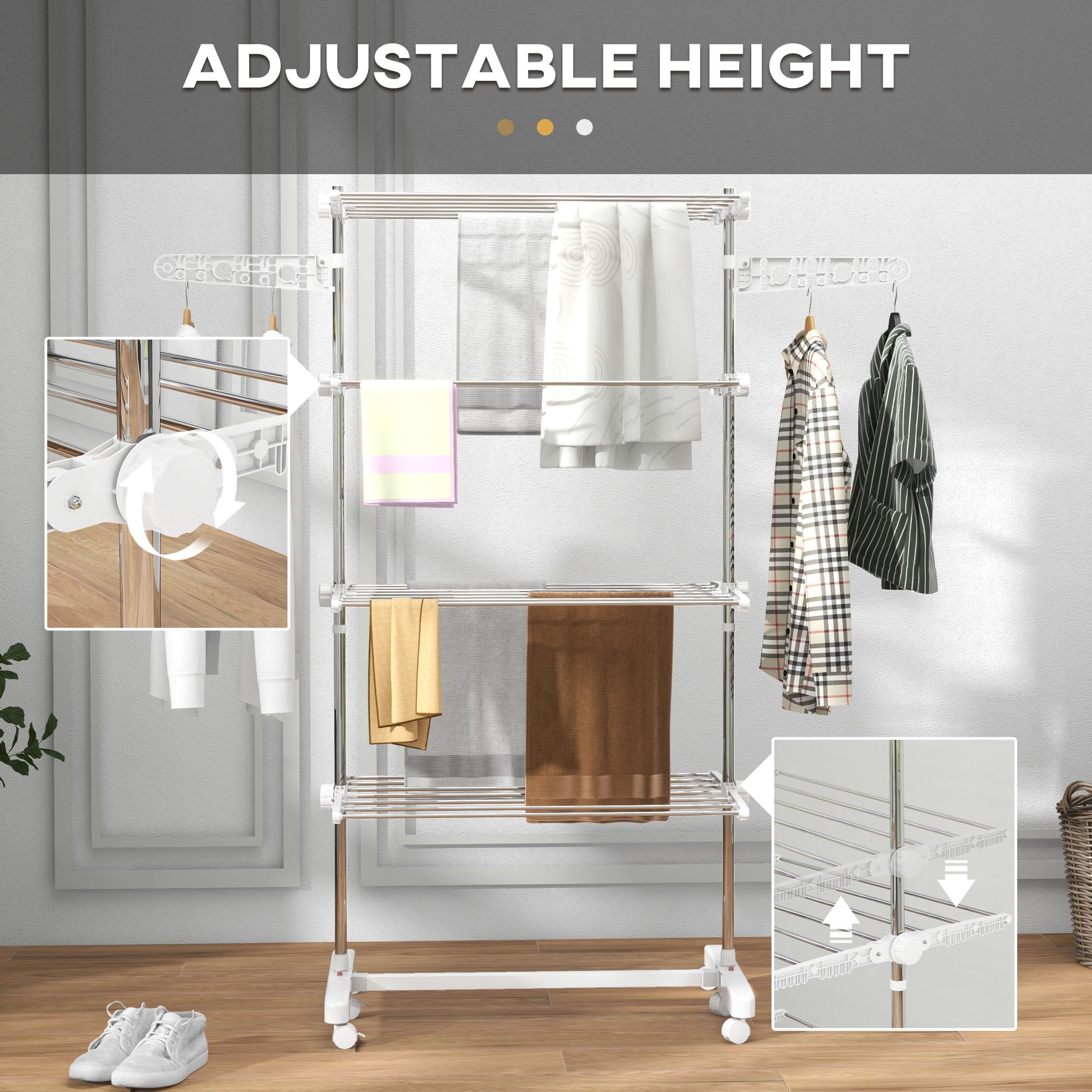 HOMCOM Four-Shelf Collapsing Clothes Horse, With Side Arms and Wheels - White 