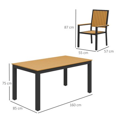 Outsunny 6 Seater Garden Dining Set with Stackable Chairs, Aluminium Frame, Rectangular Plastic Top, Garden Furniture Set, Outdoor Dining Table and Chairs for Patio, Balcony, Poolside, Nature Wood 