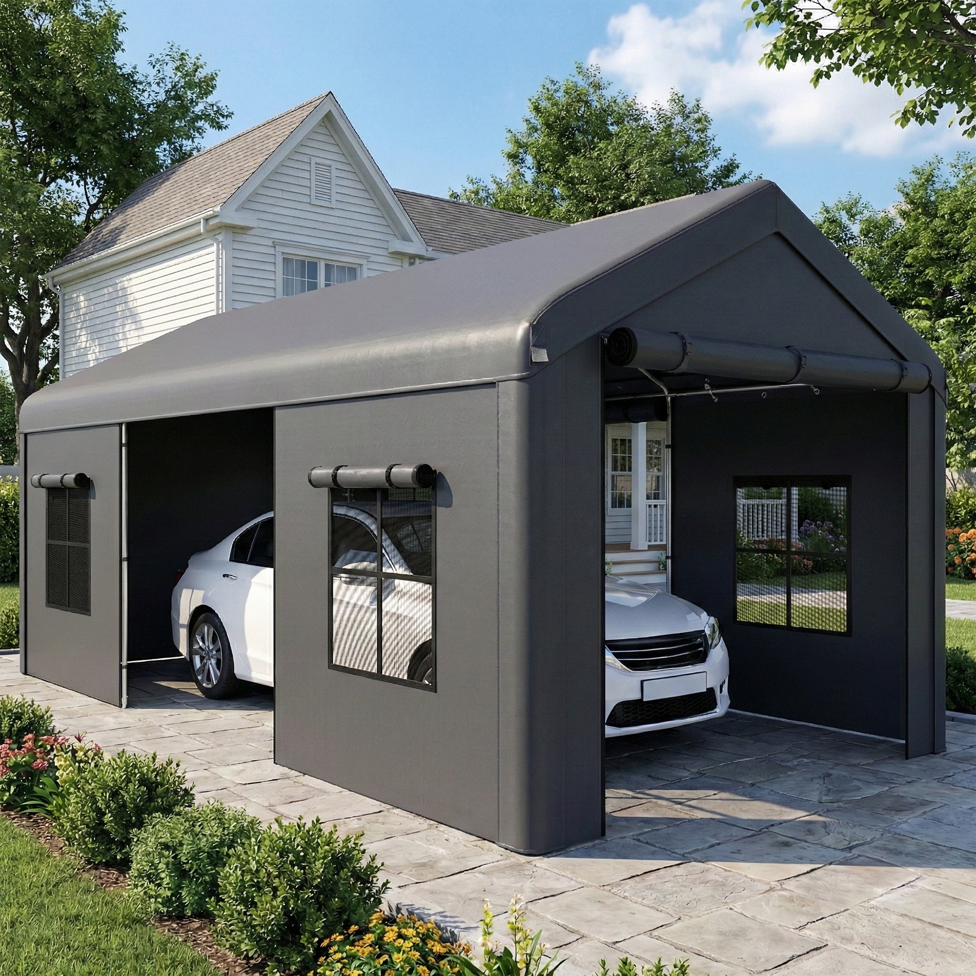 Outsunny 3 x 6 m Heavy Duty Carport, Portable Garage Car Canopy Tent with Galvanised Frame, Doors, Windows, Dark Grey 