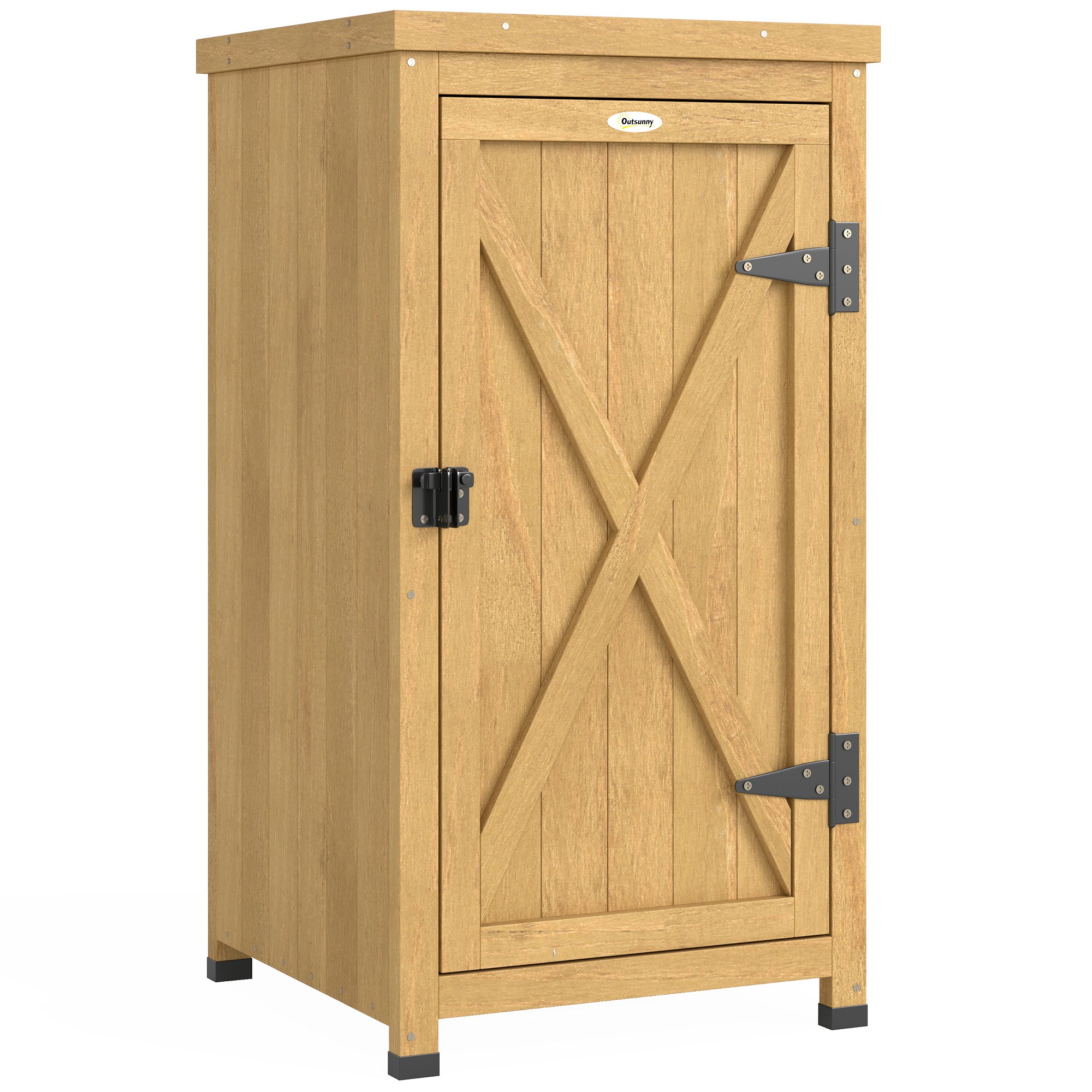 Outsunny Wooden Garden Shed, Garden Tool Storage Shed with Metal Top and Shelf, Light Brown 