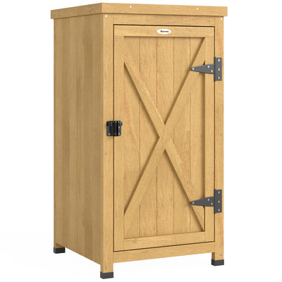 Outsunny Wooden Garden Shed, Garden Tool Storage Shed with Metal Top and Shelf, Light Brown 