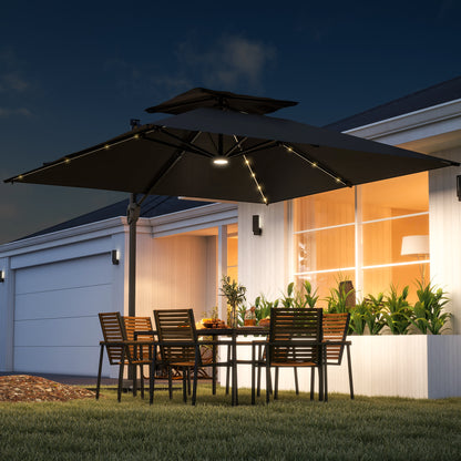 Outsunny 3.5x3 m Garden Cantilever Parasol with Solar LED Lights and Centre Light, UPF50+ Aluminium Patio Umbrella with 360° Rotation and Tilt, Hanging Sun Shade with Cross Base, Crank Handle, Black