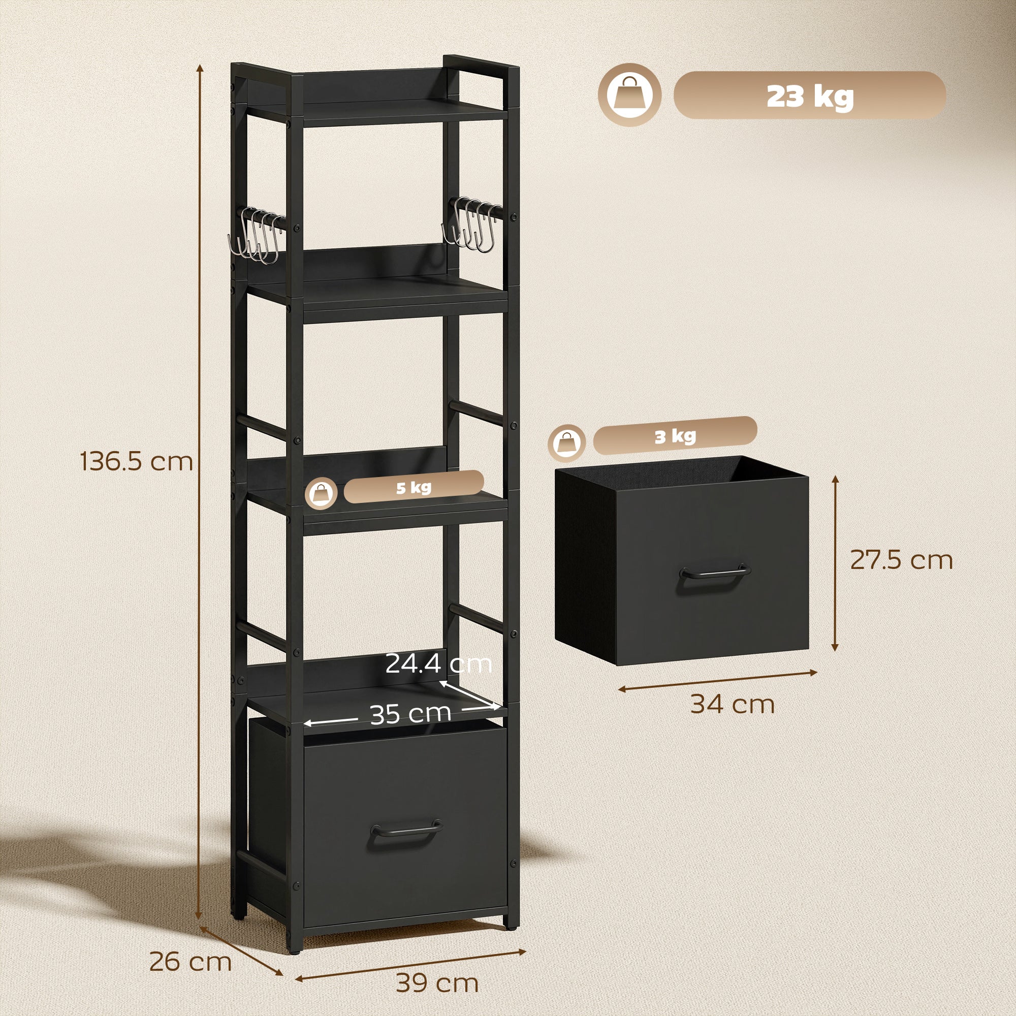 HOMCOM 4-Tier Bookshelf, Narrow Bookcase with Drawer, 8 Hooks, Metal Frame, Black 