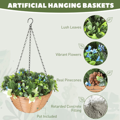 HOMCOM Pack of 2 Faux Plant Artificial Lisianthus Flowers, Hanging Planters with Basket, PE Leaves, 18 Flowers and 3 Pinecones, Decorative Faux Plants for Home Office Decor, Green 