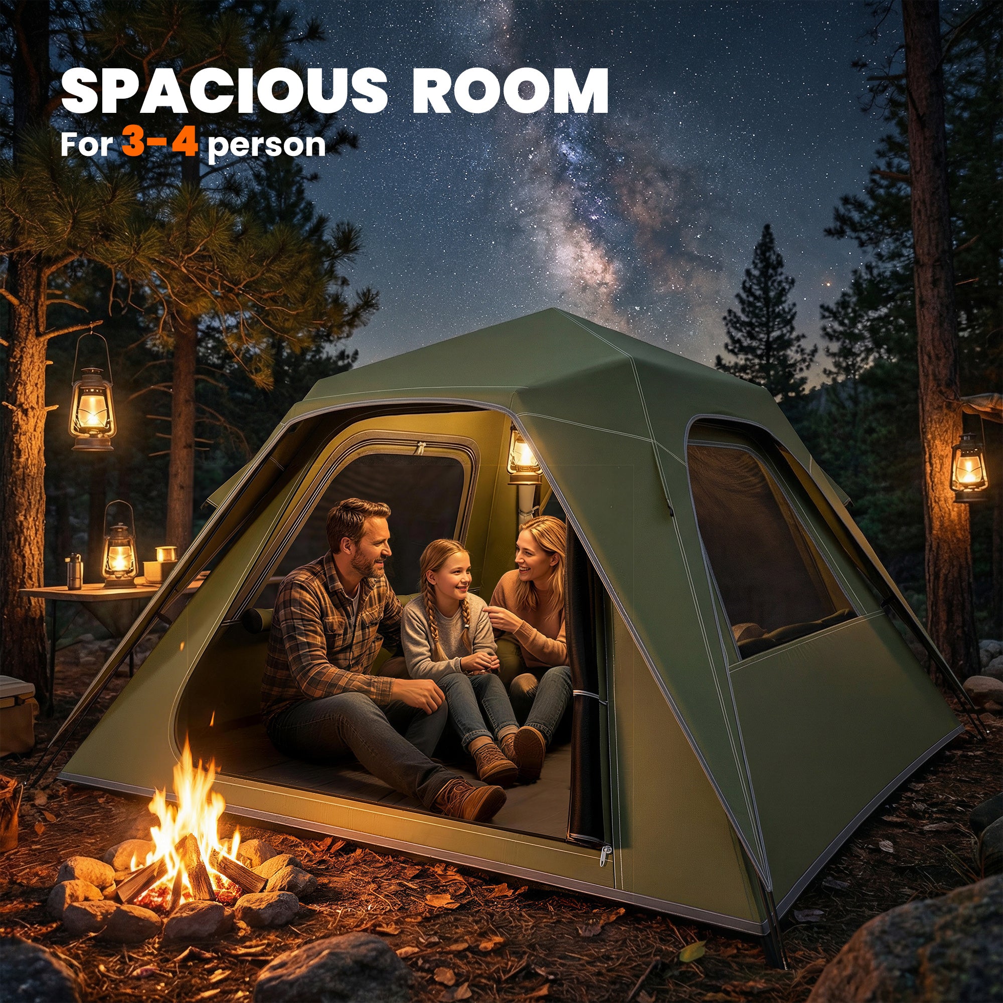 Outsunny Pop Up Tent 3000mm Waterproof Camping Tents with Mesh Windows 2-3 People Green 