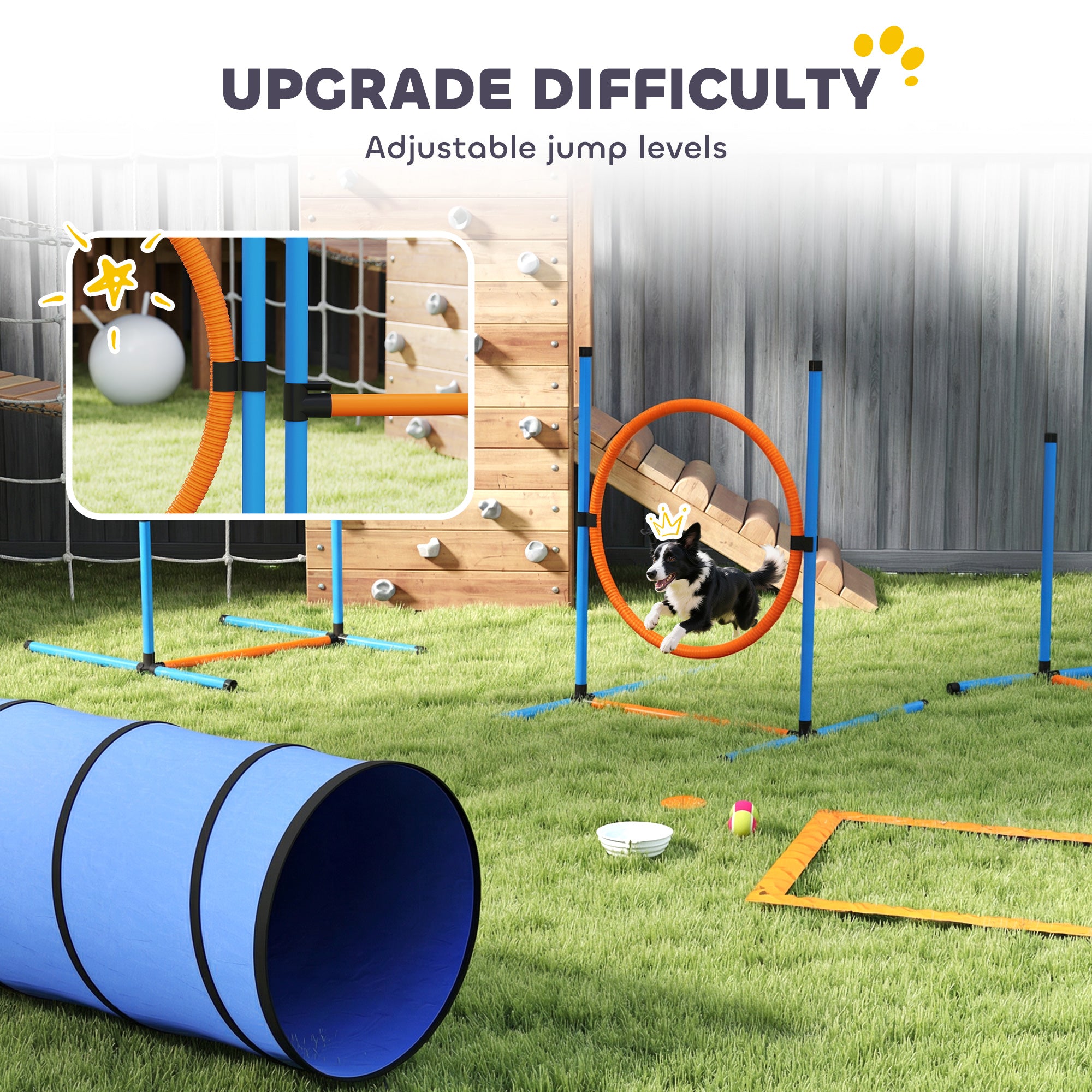 PawHut Dog Agility Equipment, 8PCS Agility Training Set with Tunnel, Weave Poles, Adjustable Hurdles, Jump Ring 