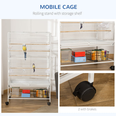PawHut Large Bird Cage Budgie Cage for Finch Canaries Parakeet with Rolling Stand, Slide-out Tray, Storage Shelf, Food Containers, White 