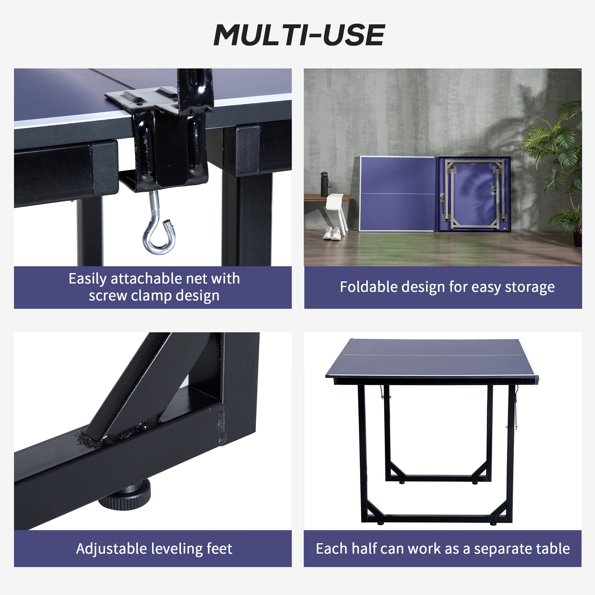 HOMCOM 6ft 182cm Mini Table Tennis Table Folding Ping Pong Table with Net Multi-Use Table for Indoor Outdoor Game, Blue 