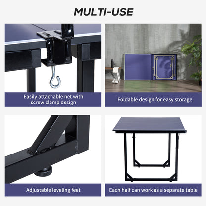 HOMCOM 6ft 182cm Mini Table Tennis Table Folding Ping Pong Table with Net Multi-Use Table for Indoor Outdoor Game, Blue 