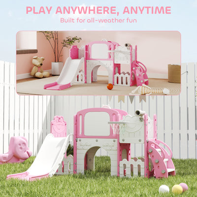 AIYAPLAY 7 in 1 Toddler Slide Set with Basketball Hoop, Climbing Frame, Telescope, Drawing Board, Storage Box, Pink 