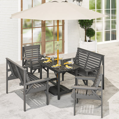 Outsunny 5 Piece Wooden Garden Dining Set for 6, Outdoor Conversation Set with 2 Armchairs, 2 Loveseats and Dining Table with Umbrella Hole for Patio, Balcony, Grey 