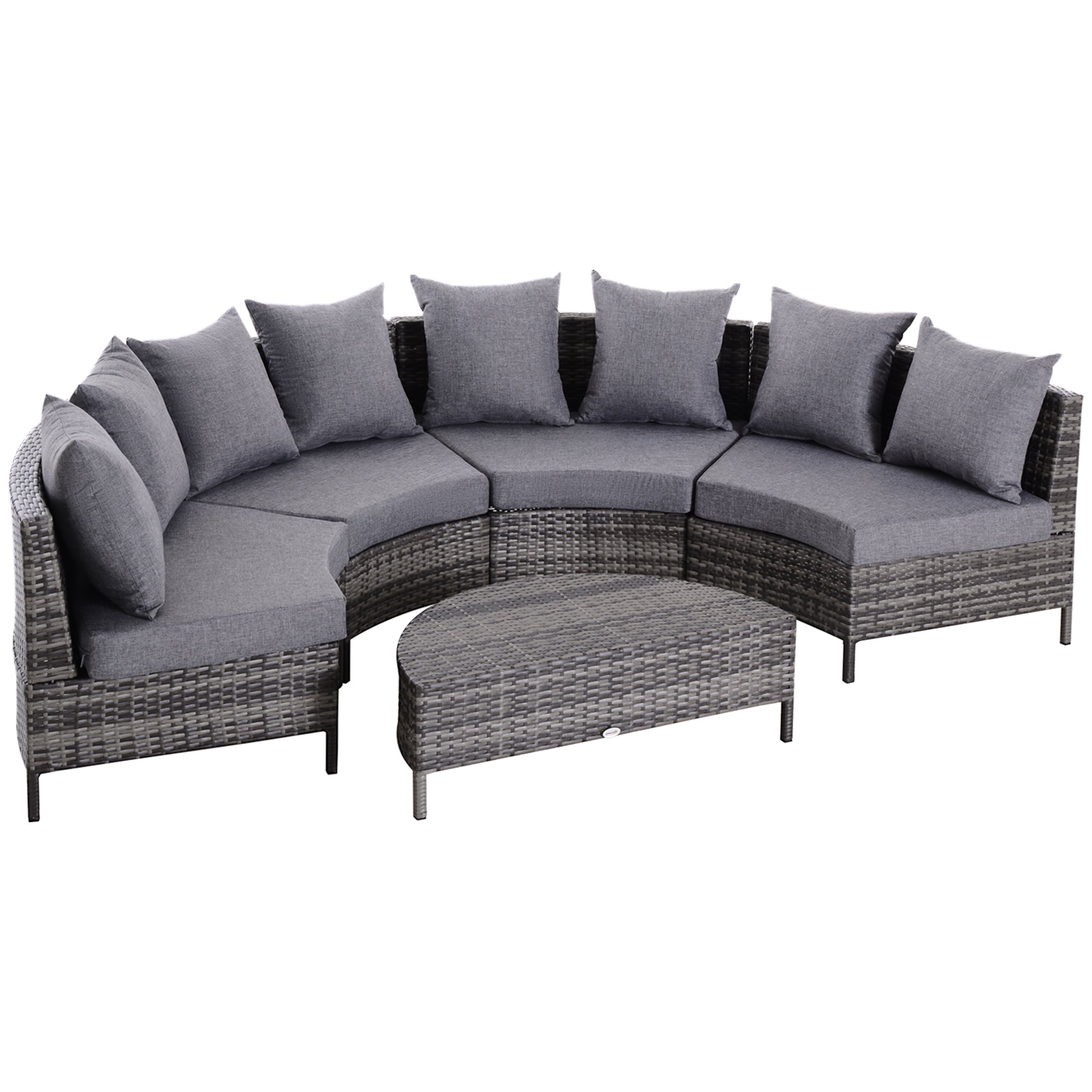 Outsunny 5 Pieces Rattan Garden Furniture Set, 4 Seater Half-Round Garden Sofa Set with Thickened Cushions, Wicker Conservatory Furniture with 4 Chairs, Rattan Coffee Table and Pillows, Grey 