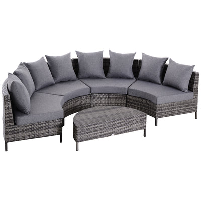 Outsunny 5 Pieces Rattan Garden Furniture Set, 4 Seater Half-Round Garden Sofa Set with Thickened Cushions, Wicker Conservatory Furniture with 4 Chairs, Rattan Coffee Table and Pillows, Grey 