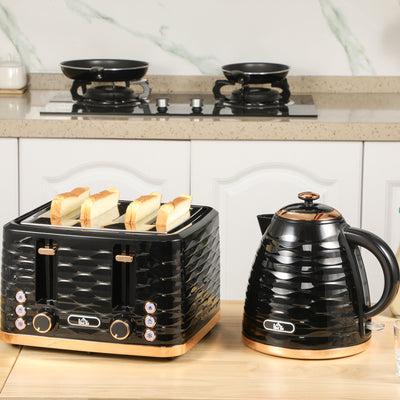 HOMCOM Kettle and Toaster Sets, 3000W 1.7L Rapid Boil Kettle & 4 Slice Toaster with 7 Browning Controls, Defrost, Reheat and Crumb Tray, Otter thermostat, Black 
