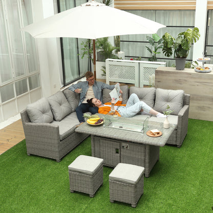 Outsunny 8-Seater Outdoor PE Rattan Sofa Set Conversation Set w/ Fire Pit Table, L-Shape Sofa, Footstool and Furniture Cover 