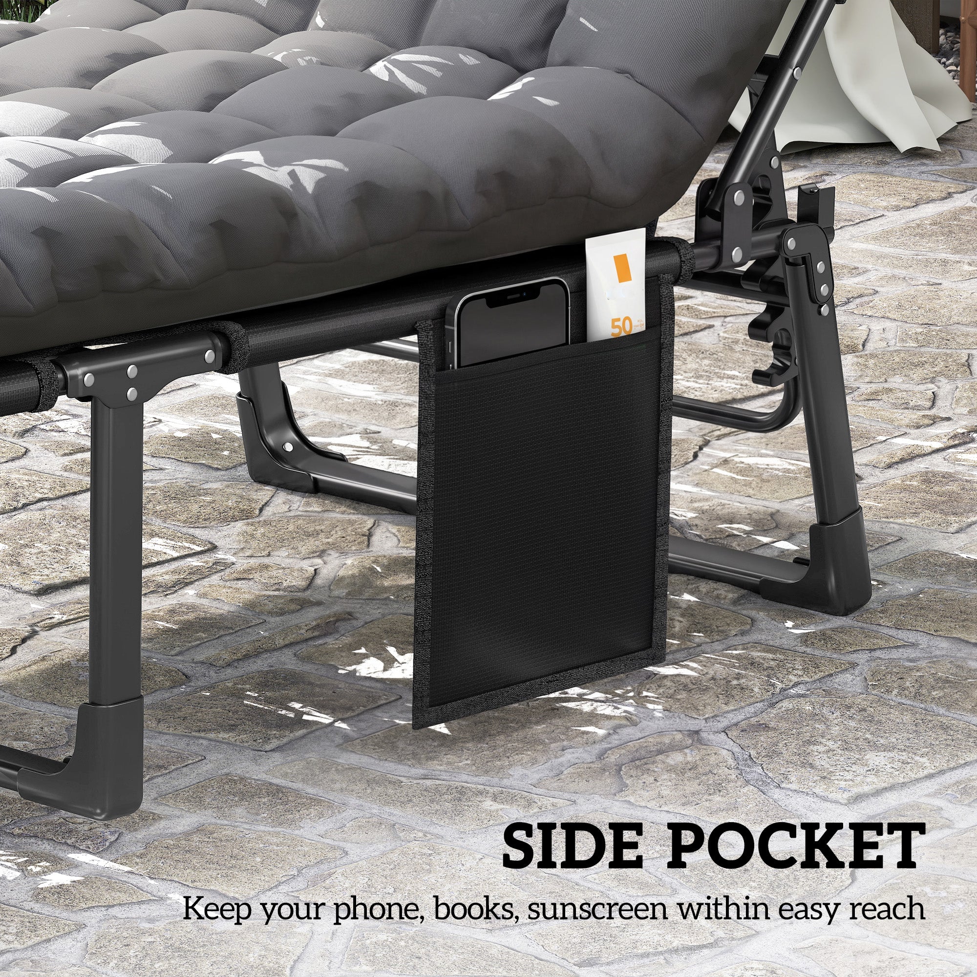 Outsunny Folding Sun Loungers for Garden Set of 2, 5-Position Oversized Camping Bed Recliner with Cushions, Dark Grey 