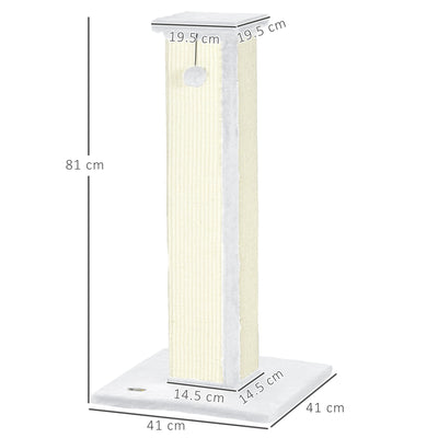 PawHut 81cm Cat Scratcher, Vertical Full Scratcher w/ Natural Sisal Rope, Hanging Ball, Soft Plush - White 