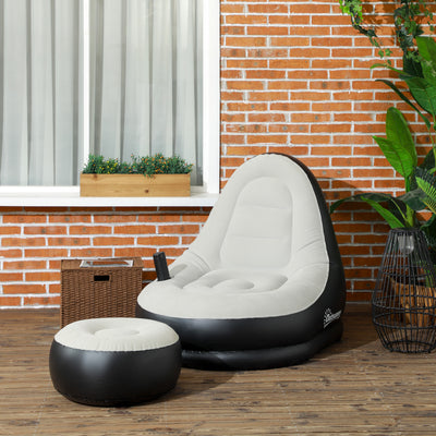 Outsunny Inflatable Sofa Chair and Foot Stool Set with Cup Holder, for Gaming, Reading and Movie Watching, Grey 