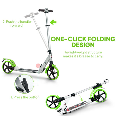 HOMCOM Folding Kick Scooter, Adjustable Ride On Scooter with 200mm Big Wheels and Double Shock Absorption, Urban Scooter for 14+ Teens Adult, Green 