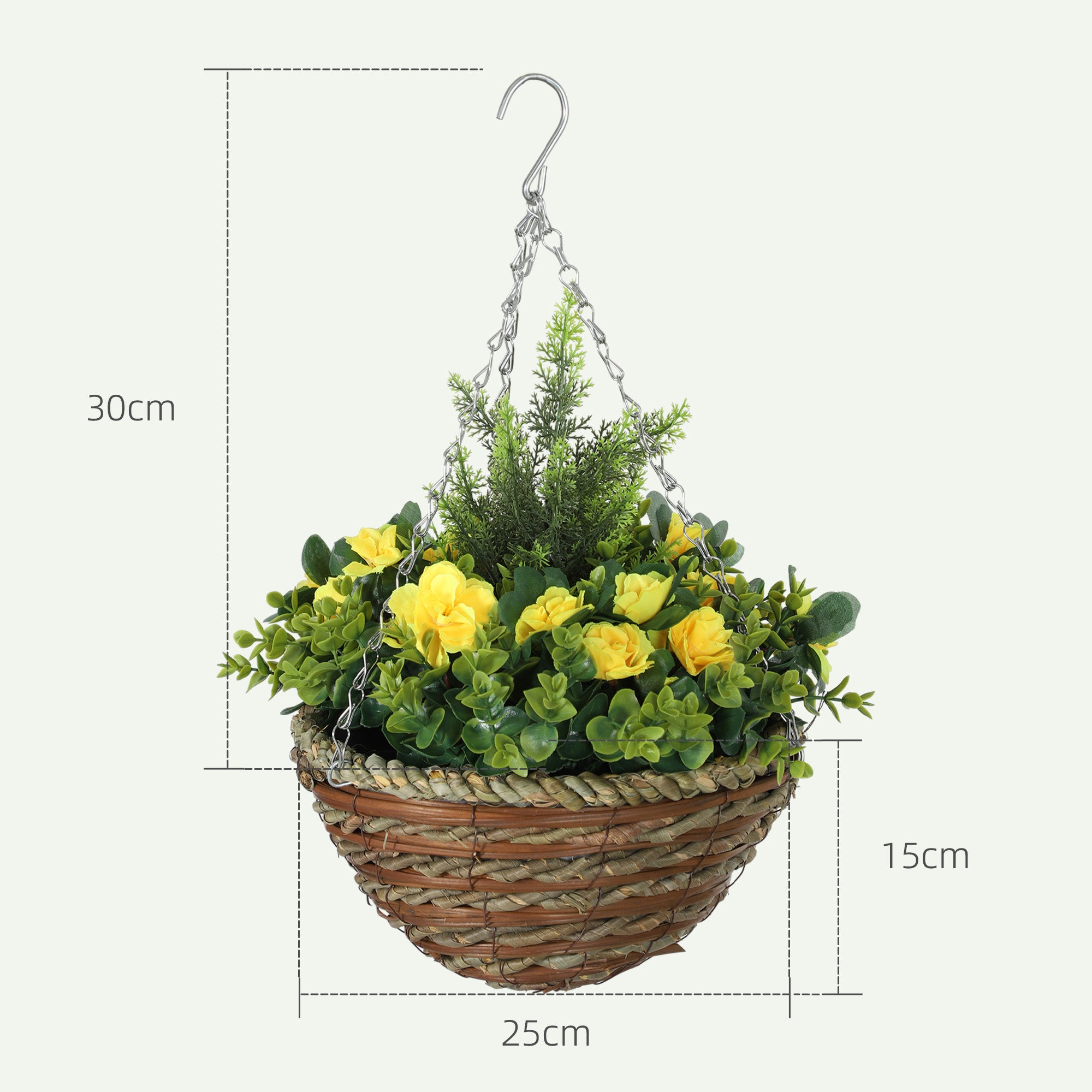 Outsunny Pack of 2 Faux Plant Artificial Lisianthus Flowers Hanging Planter with Basket for Indoor Outdoor Decoration, Yellow 