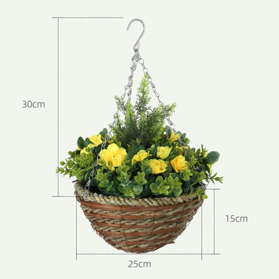 Outsunny Pack of 2 Faux Plant Artificial Lisianthus Flowers Hanging Planter with Basket for Indoor Outdoor Decoration, Yellow 