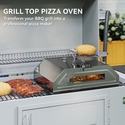 Outsunny 8 in Portable Stainless Steel BBQ Grill Top Pizza Oven with Built-in Thermometer and Viewing Window for Gas and Charcoal BBQ Grills, Includes Carry Handles, Pizza Stone and Peel, Silver Tone 