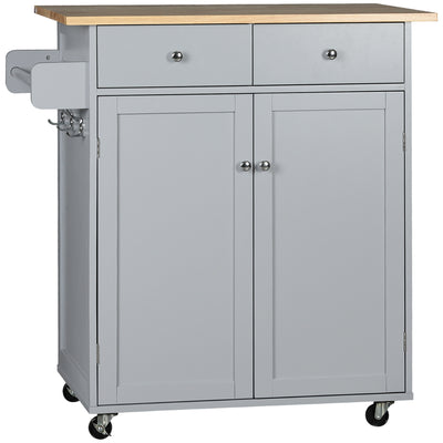 HOMCOM Rolling Kitchen Island on Wheels, Utility Serving Cart with Rubber Wood Top, Towel Rack, Hooks and Storage Drawers, Grey 