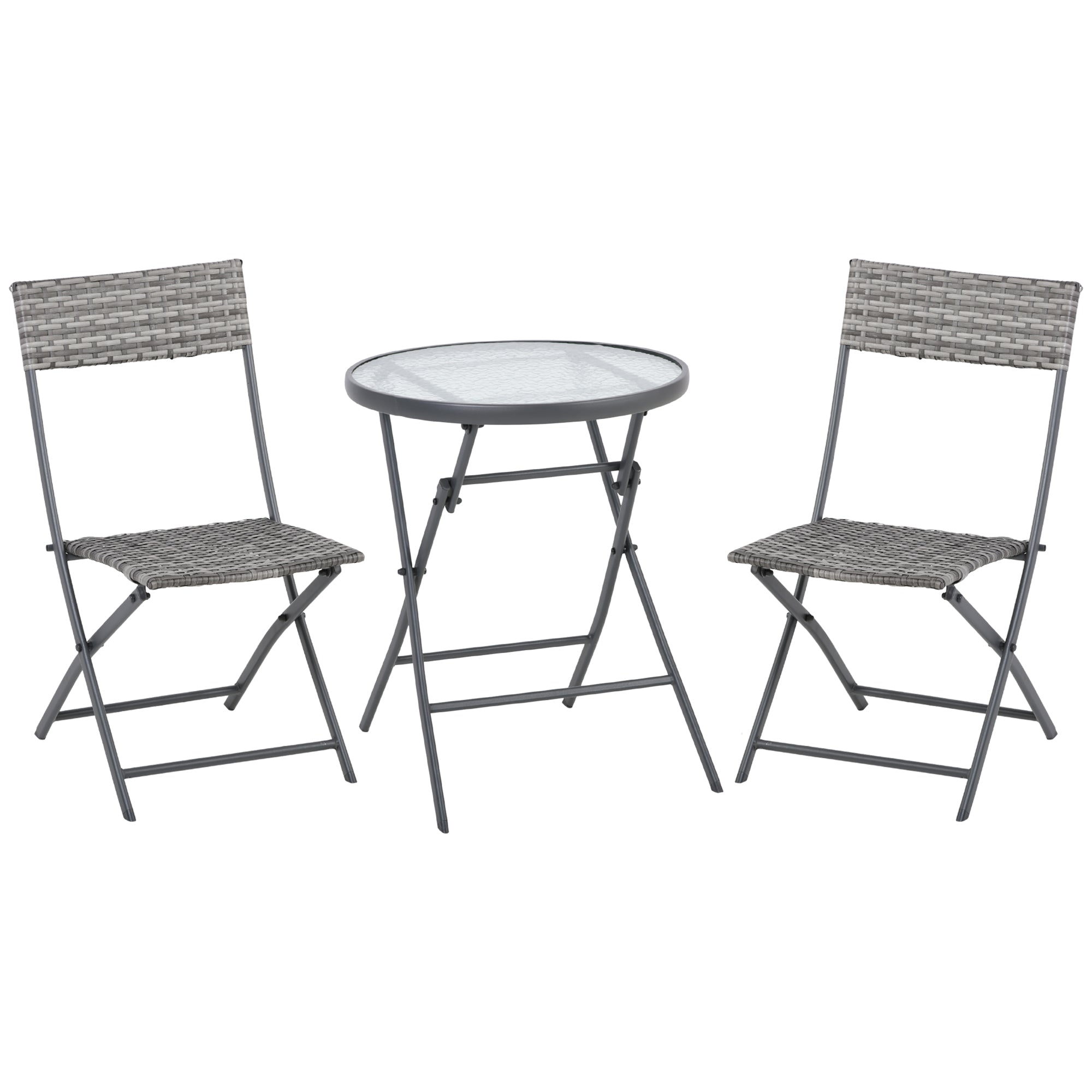 Outsunny 3 Pieces Rattan Bistro Set, Wicker Folding Garden Furniture Set with Glass Top Coffee Table and Chairs for Outdoor, Patio, Balcony, Grey 