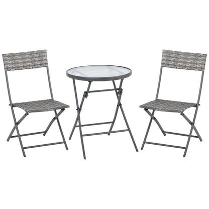 Outsunny 3 Pieces Rattan Bistro Set, Wicker Folding Garden Furniture Set with Glass Top Coffee Table and Chairs for Outdoor, Patio, Balcony, Grey 