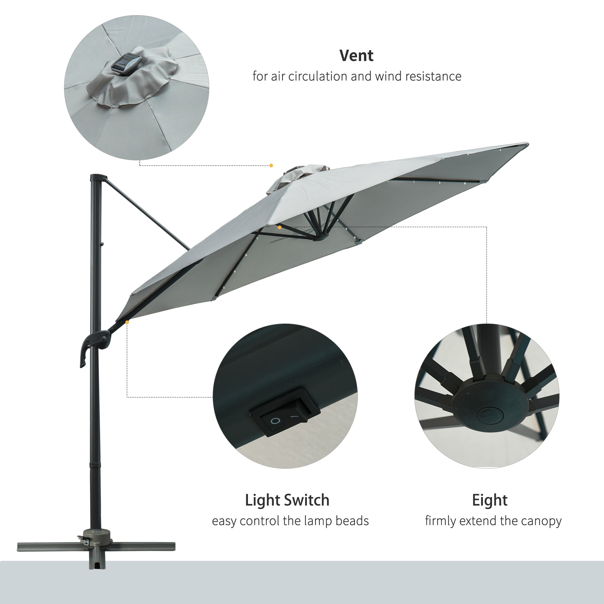 Outsunny 3(m) LED Cantilever Parasol Garden Sun Umbrella w/ Cross Base and Solar Lights Grey 