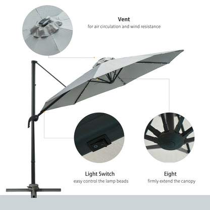 Outsunny 3(m) LED Cantilever Parasol Garden Sun Umbrella w/ Cross Base and Solar Lights Grey 