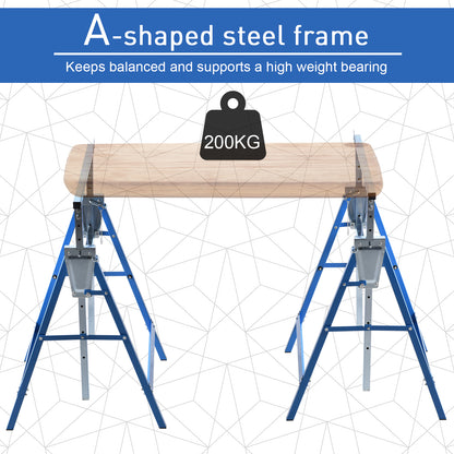HOMCOM Set of 2 Adjustable Telescopic Builders Trestle, DIY Steel Work Bench Carpenter, Folding Saw Horse Tools Blue 