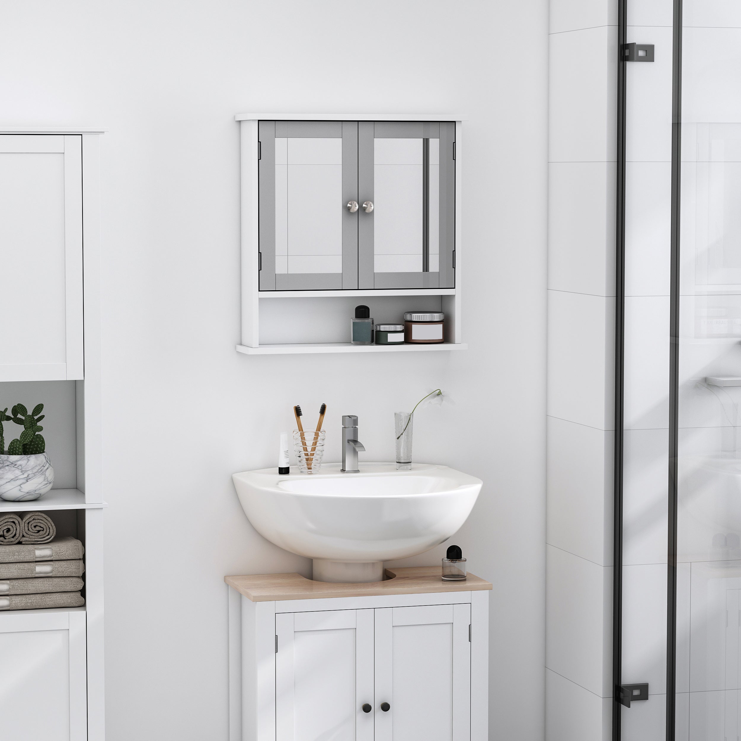 kleankin Mirror Cabinet Wall Mounted with Double Mirrored Doors, Hanging Cabinet with Cupboard and Shelf, Bathroom Wall Storage Organizer, Grey 