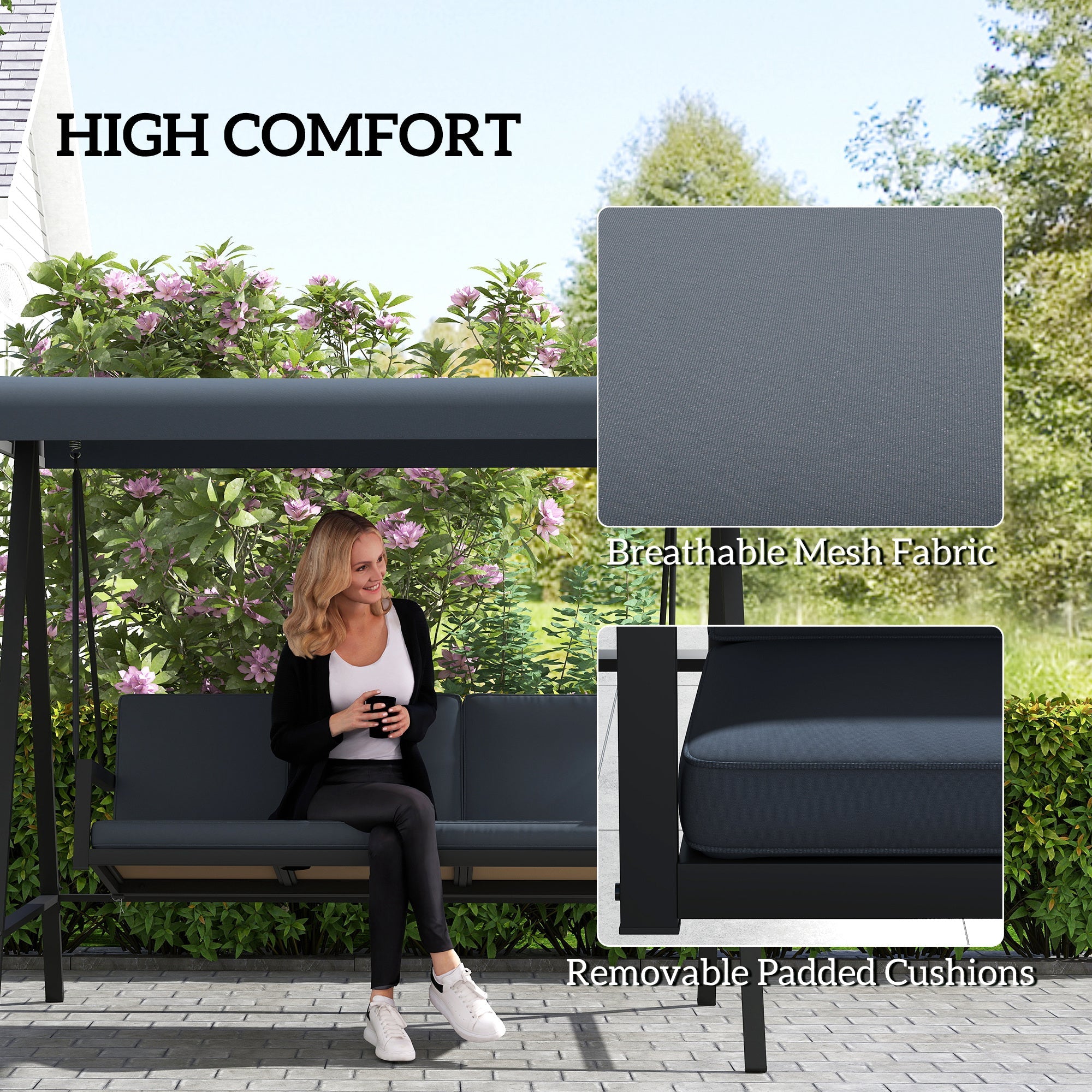 Outsunny Three-Seat Garden Swing Chair, with Adjustable Canopy - Dark Grey 