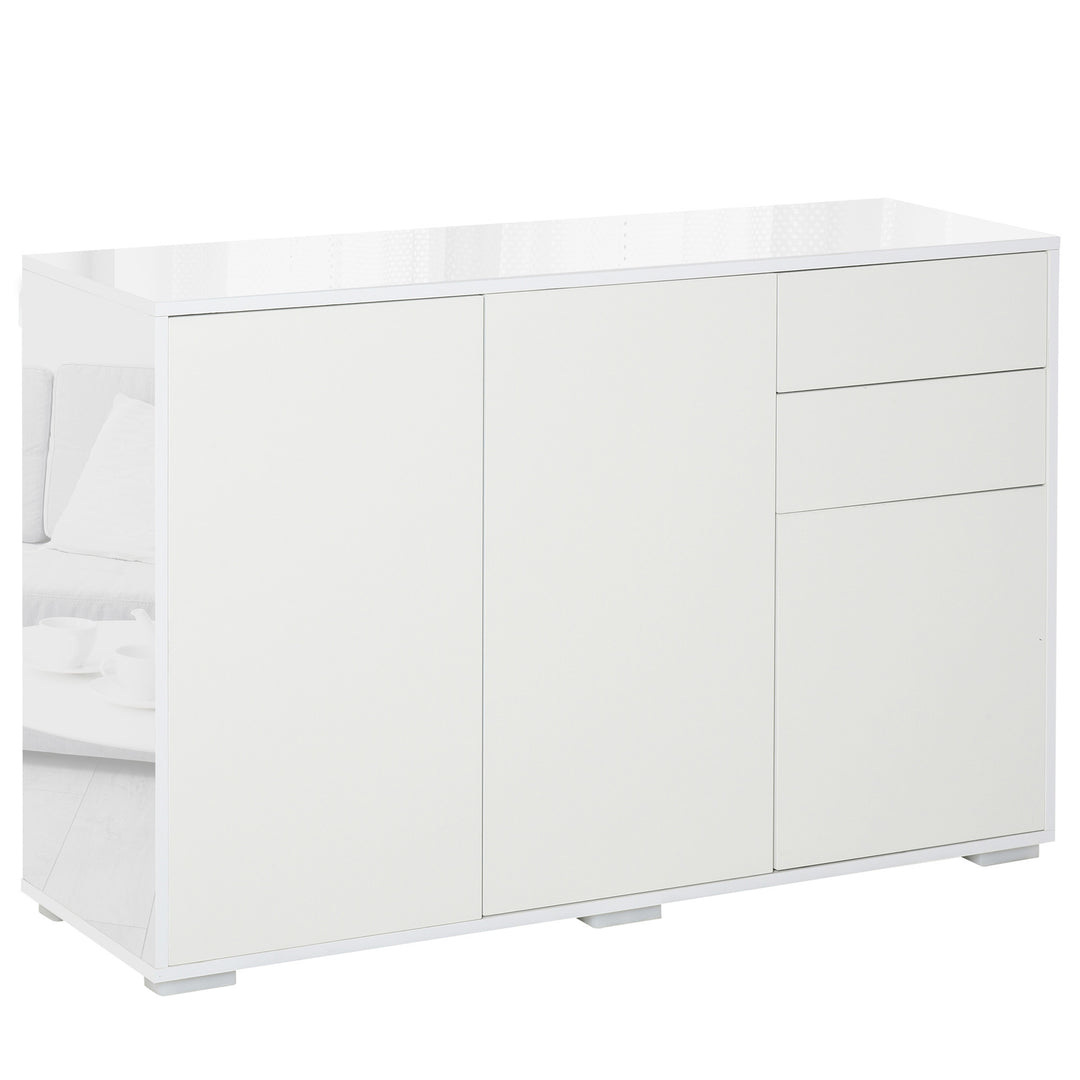 HOMCOM High Gloss Side Cabinet, Push-Open Design with 2 Drawers and 2 Cabinets for Living Room, 74H x 117W x 36Dcm, White 