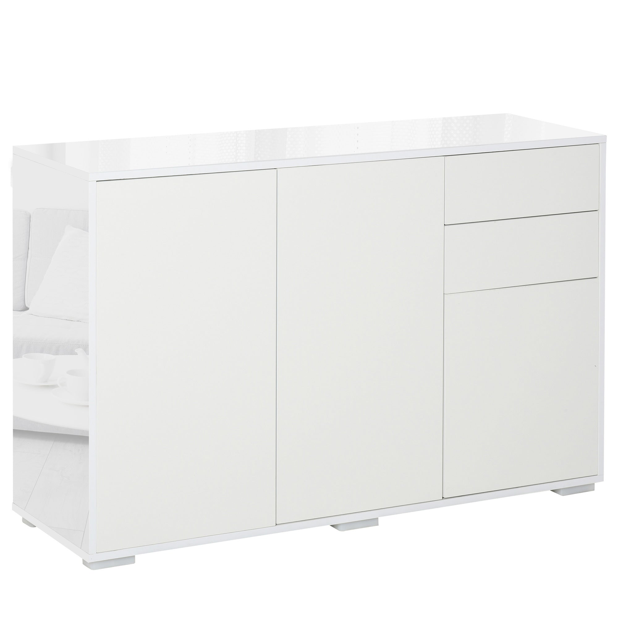 HOMCOM High Gloss Side Cabinet, Push-Open Design with 2 Drawers and 2 Cabinets for Living Room, 74H x 117W x 36Dcm, White 