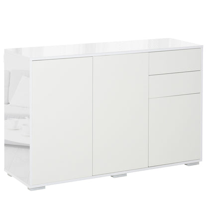 HOMCOM High Gloss Side Cabinet, Push-Open Design with 2 Drawers and 2 Cabinets for Living Room, 74H x 117W x 36Dcm, White 