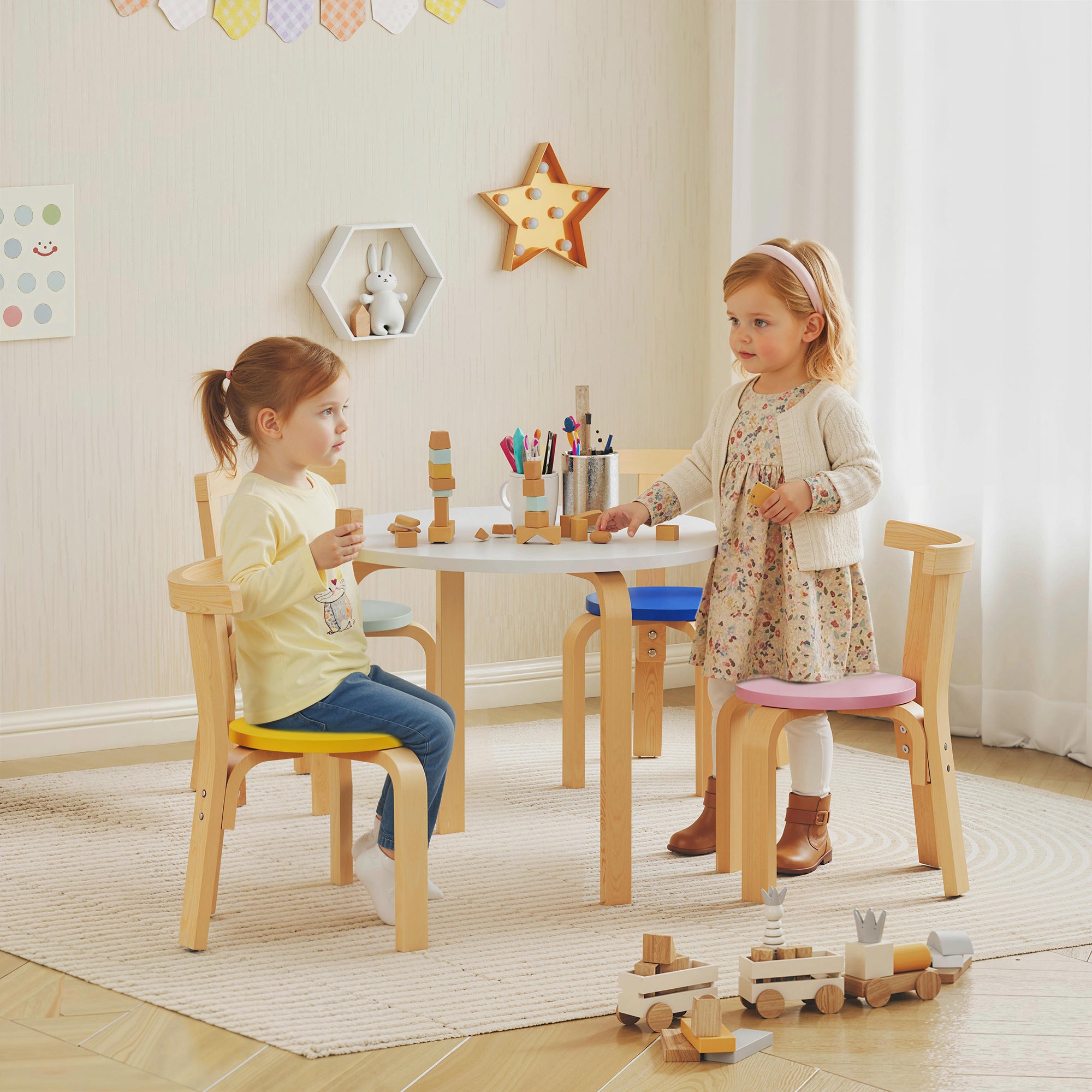 AIYAPLAY 5 Piece Kids Table and Chairs Set, Wooden Toddler Table and Chairs Set for Nursery, Playroom, Classroom, for 3-8 Years 