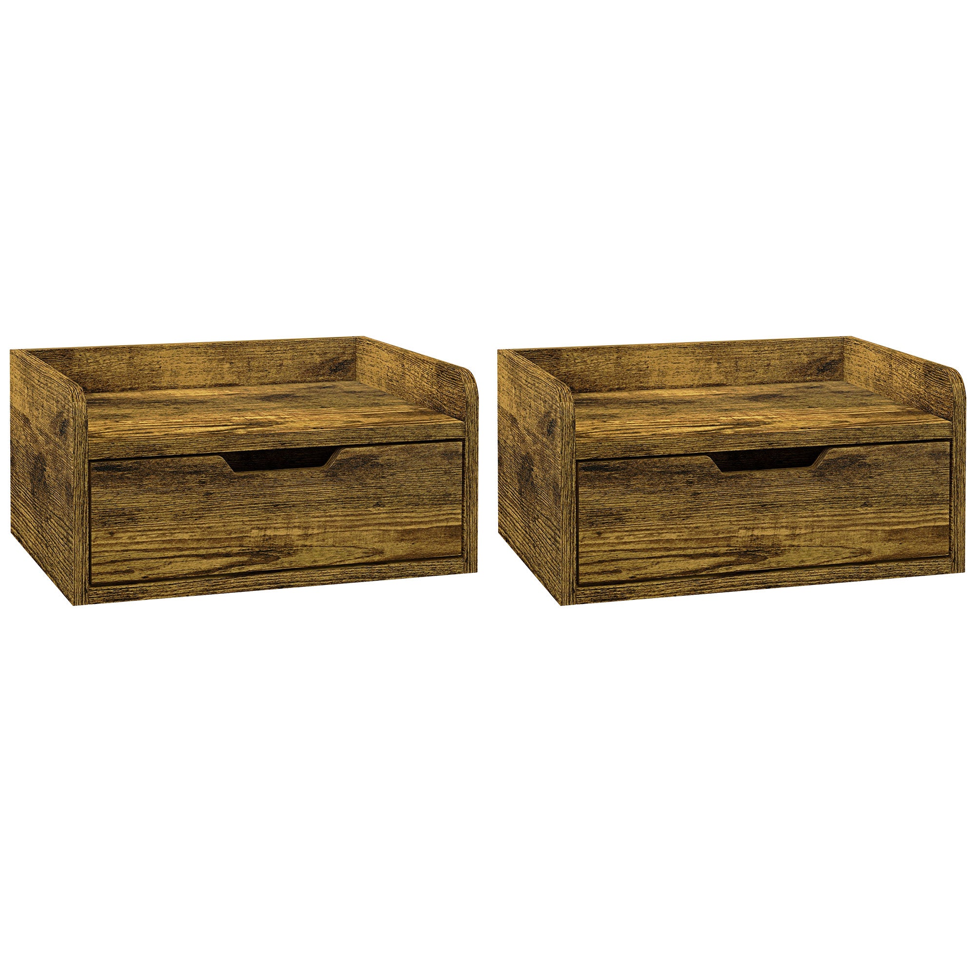 HOMCOM Floating Nightstand Set of 2 Wall Mounted Bedside Table with Storage Drawer for Bedroom, Rustic Brown 
