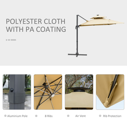 Outsunny 3m Cantilever Parasol, Outdoor Offset Patio Umbrella, Solar LED Lighted Hanging Sun Shade Canopy with Tilt and Crank Handle, Cross Base for Lawn, Khaki 